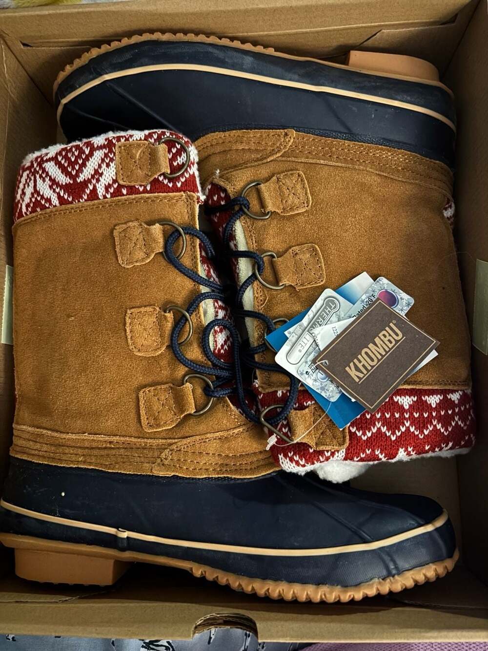 Khombu Vail Brown Suede and Navy Rubber Duck Boots with Red Fair Isle Sweater Cu